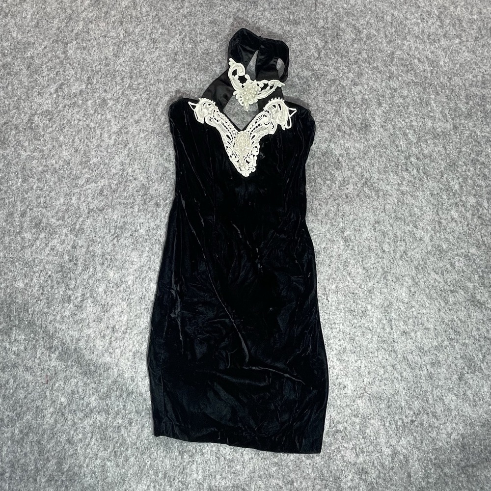 Gunne Sax Black Velvet Halter Dress with Cream Lace Appliqué